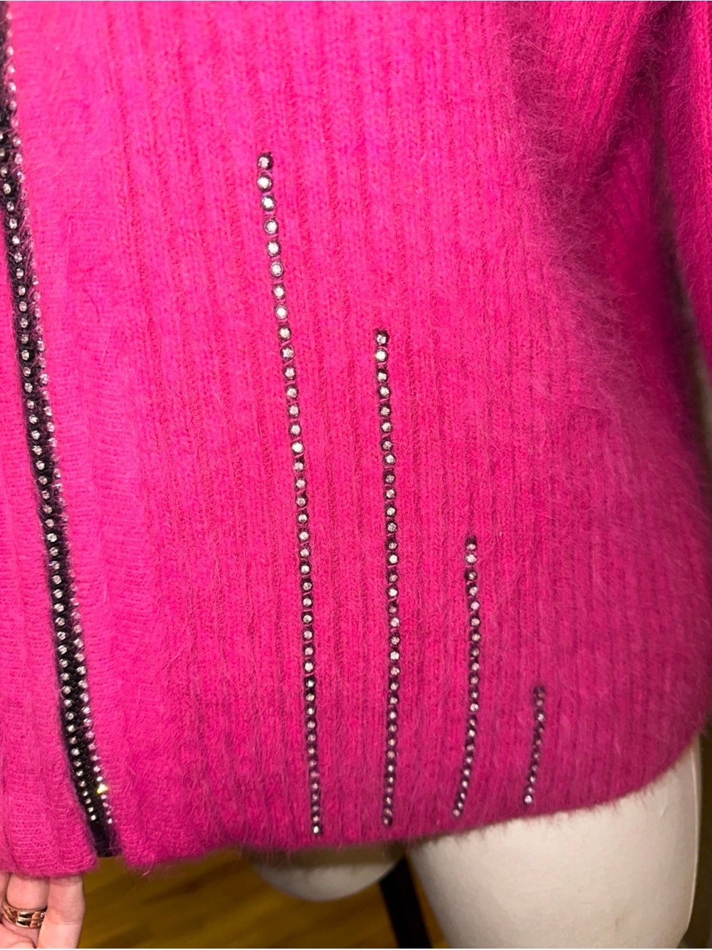 Venesha Womens M 80% Angora Pink Rhinestone Zip Cardigan Sweater Y2K Fuzzy - Picture 5 of 11